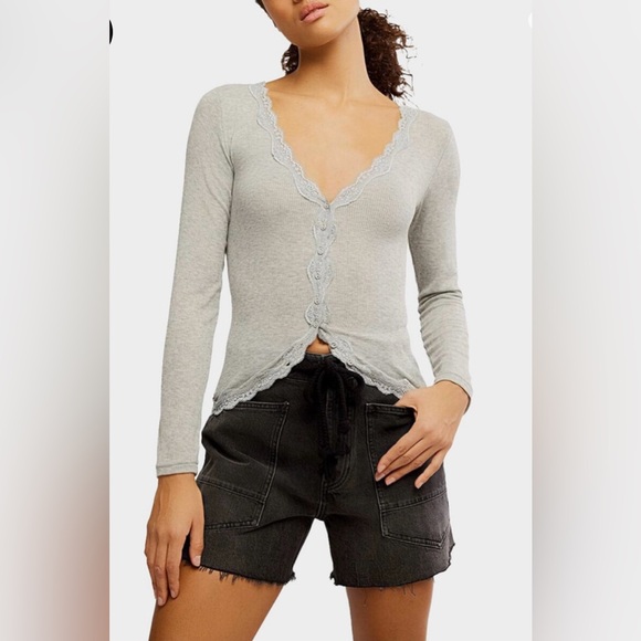 NWT Free People Big Love Lace Trim Knit Button-Up Top, size XL - Picture 5 of 9